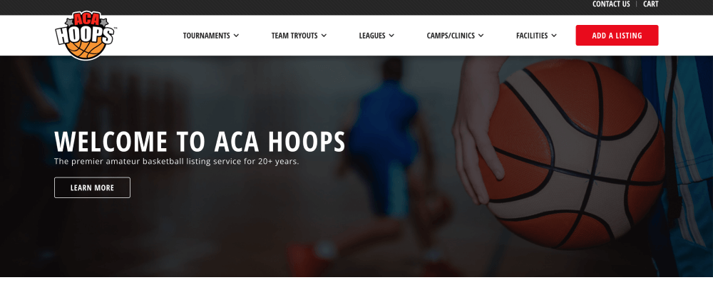 Screenshot of basketball-themed website. Hero text reads 'Welcome to ACA Hoops' and shows someone on a basketball court holding a ball at their hip.
