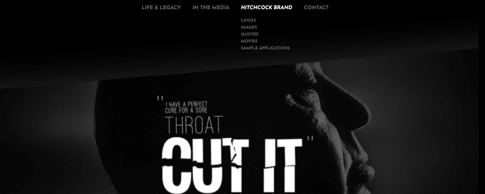 Screenshot of a dark and gloomy website, showing the profile of Alfred Hitchcock. Overlaid jagged text reads 'I have a perfect cure for a sore throat. Cut it'.