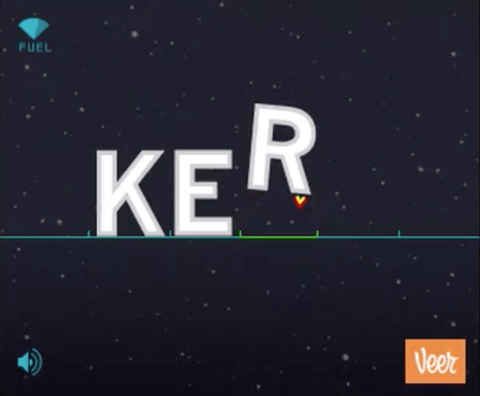 Screenshot of rocket letters spelling KERN, while the R letter has its boosters activated as it lowers into correct kerning position.