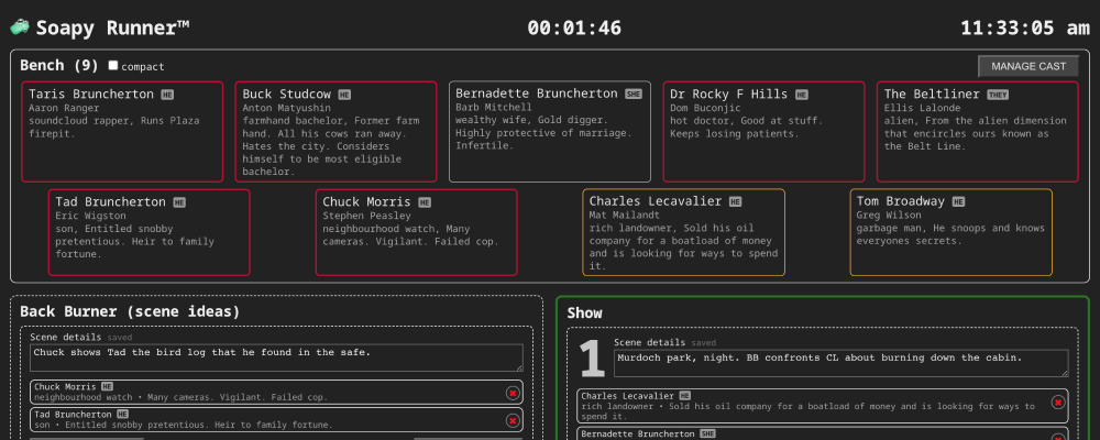 Screenshot of a dark-mode app that shows a panel of characters and constructed scenes that make up the show.