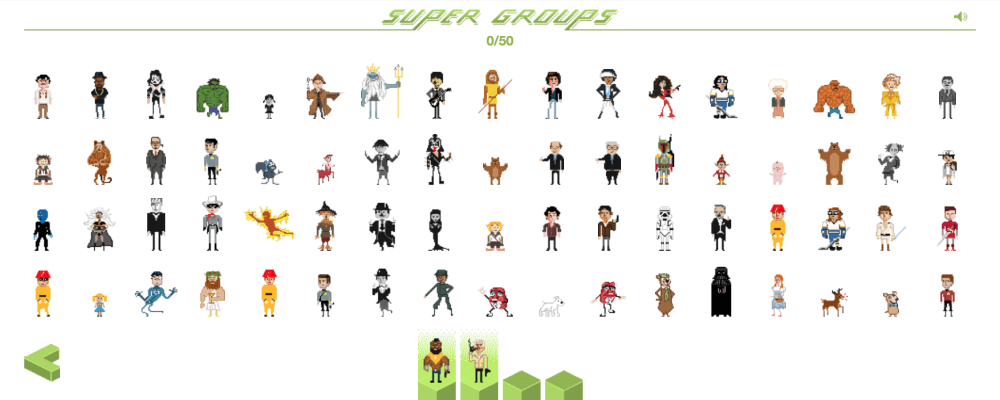 Screenshot of a grid of 8-bit pop-culture characters. On a Mr. T stands on the first of four platforms and Hannibal stands on the second, smoking a cigar.
