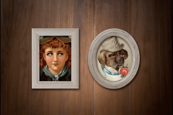 Screenshot of two old portraits in fancy frames. The eyes have slid away to reveal human eyes, watching your every move. *clap clap*